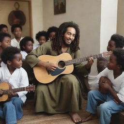 A hyper-realistic image of Bob Marley in a robe, imparting guitar lessons to a diverse group of children, capturing a sense of unity and tranquility.