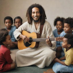 A hyper-realistic image of Bob Marley in a robe, imparting guitar lessons to a diverse group of children, capturing a sense of unity and tranquility.