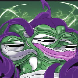 This digital art image depicts a creative transformation of Frieza from the Dragonball series into the internet meme character, Pepe the Frog