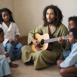 A hyper-realistic image of Bob Marley in a robe, imparting guitar lessons to a diverse group of children, capturing a sense of unity and tranquility.