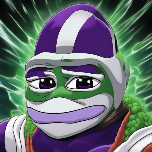 This digital art image depicts a creative transformation of Frieza from the Dragonball series into the internet meme character, Pepe the Frog