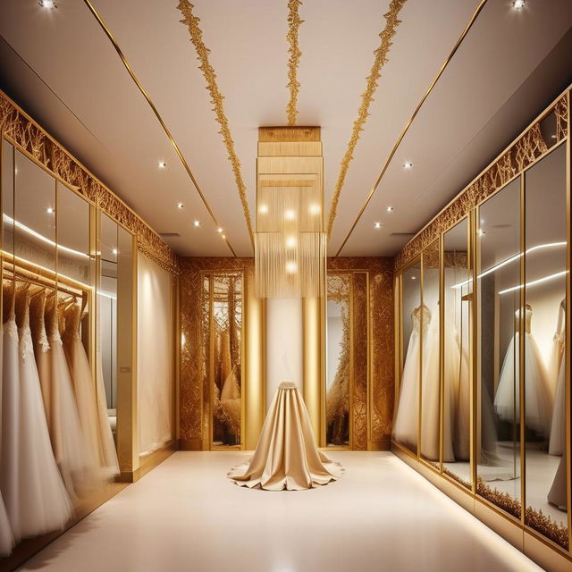 Luxurious wedding dress service office interior, dimensions 3.77m W x 5.30m L x 2.80m H, with central ceiling lighting, walls adorned with golden frames, customer waiting area, no dresses present.