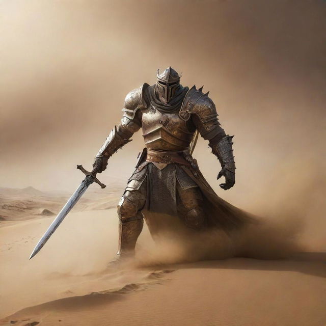 An immense monster emerges from the hilly desert terrain amidst a severe sandstorm, confronting it is a brave knight, wielding his luminous sword, courageously daring the beast to not cross.