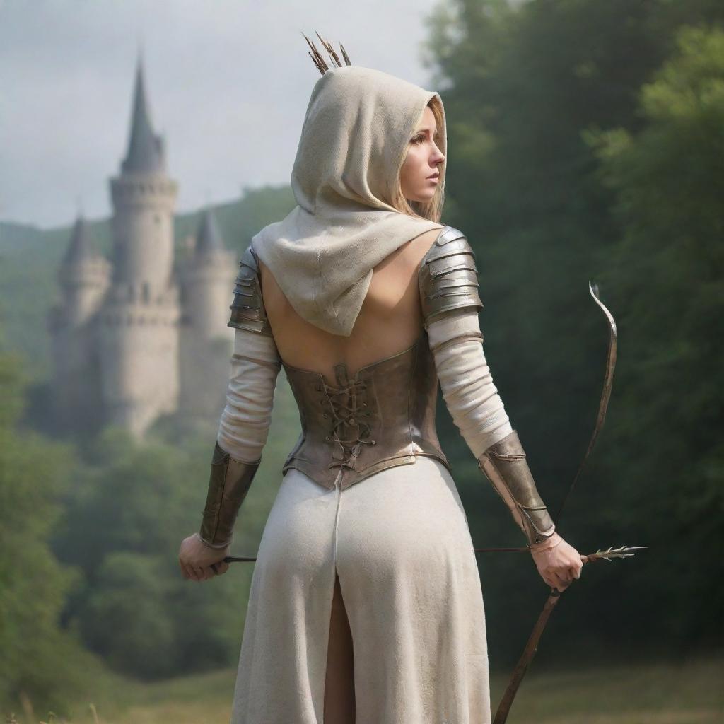 medieval hooded beatifull, bigb boobs, full body, blonde elf girl, 23 years old, bow with arrows on his back, in front with castle and forest background charmOfTheRealm, realistic hd, high detailed,