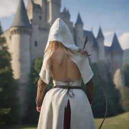 medieval hooded beatifull, bigb boobs, full body, blonde elf girl, 23 years old, bow with arrows on his back, in front with castle and forest background charmOfTheRealm, realistic hd, high detailed,