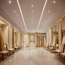 Luxurious wedding dress service office interior, dimensions 3.77m W x 5.30m L x 2.80m H, with central ceiling lighting, walls adorned with golden frames, customer waiting area, no dresses present.