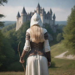 medieval hooded beatifull, bigb boobs, full body, blonde elf girl, 23 years old, bow with arrows on his back, in front with castle and forest background charmOfTheRealm, realistic hd, high detailed,