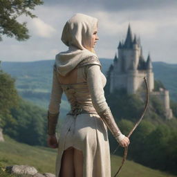 medieval hooded beatifull, bigb boobs, full body, blonde elf girl, 23 years old, bow with arrows on his back, in front with castle and forest background charmOfTheRealm, realistic hd, high detailed,