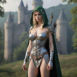 medieval hooded beatifull, bigb boobs, sexy full body, blonde elf girl, 23 years old, bow with arrows on his back, in front with castle and forest background charmOfTheRealm, realistic hd, high detailed,