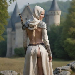 medieval hooded beatifull, bigb boobs, sexy full body, blonde elf girl, 23 years old, bow with arrows on his back, in front with castle and forest background charmOfTheRealm, realistic hd, high detailed,