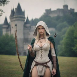 medieval hooded beatifull, bigb boobs, sexy full body, blonde elf girl, 23 years old, bow with arrows on his back, in front with castle and forest background charmOfTheRealm, realistic hd, high detailed,