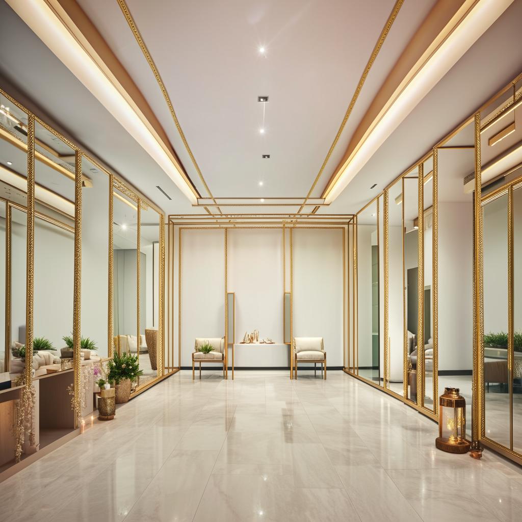 Luxurious wedding dress service office interior, dimensions 3.77m W x 5.30m L x 2.80m H, with central ceiling lighting, walls adorned with golden frames, customer waiting area, no dresses present.