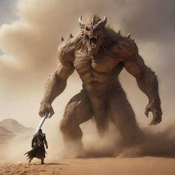 In the midst of an intense sandstorm, a massive monster emerges from the desert hills. Confronting it is a resplendent knight, brandishing his gleaming sword and daringly challenging the beast to not cross.