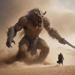 In the midst of an intense sandstorm, a massive monster emerges from the desert hills. Confronting it is a resplendent knight, brandishing his gleaming sword and daringly challenging the beast to not cross.