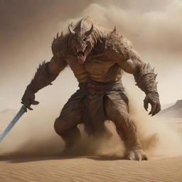 In the midst of an intense sandstorm, a massive monster emerges from the desert hills. Confronting it is a resplendent knight, brandishing his gleaming sword and daringly challenging the beast to not cross.