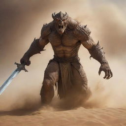 In the midst of an intense sandstorm, a massive monster emerges from the desert hills. Confronting it is a resplendent knight, brandishing his gleaming sword and daringly challenging the beast to not cross.