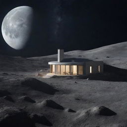 A dreamy house located on the moon's surface with a backdrop of interstellar space, illuminated by earthlight