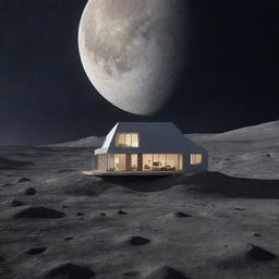 A dreamy house located on the moon's surface with a backdrop of interstellar space, illuminated by earthlight