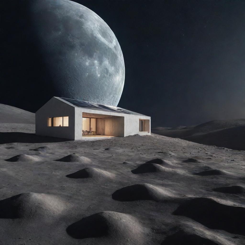 A dreamy house located on the moon's surface with a backdrop of interstellar space, illuminated by earthlight