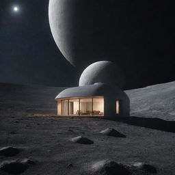 A dreamy house located on the moon's surface with a backdrop of interstellar space, illuminated by earthlight