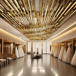 Luxurious wedding dress service office interior, dimensions 3.77m W x 5.30m L x 2.80m H, with central ceiling lighting, walls adorned with golden frames, customer waiting area, no dresses present.