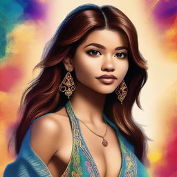 A high-quality digital art image showcases a skinny Latin girl who bears a striking resemblance to Zendaya