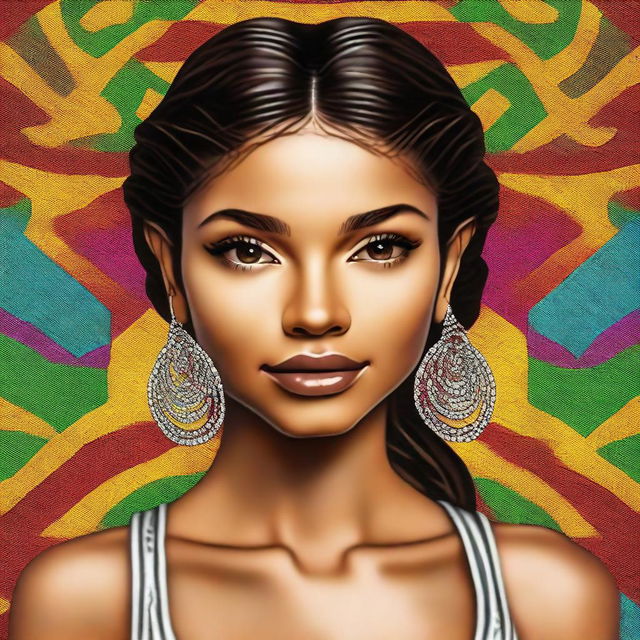 A high-quality digital art image showcases a skinny Latin girl who bears a striking resemblance to Zendaya