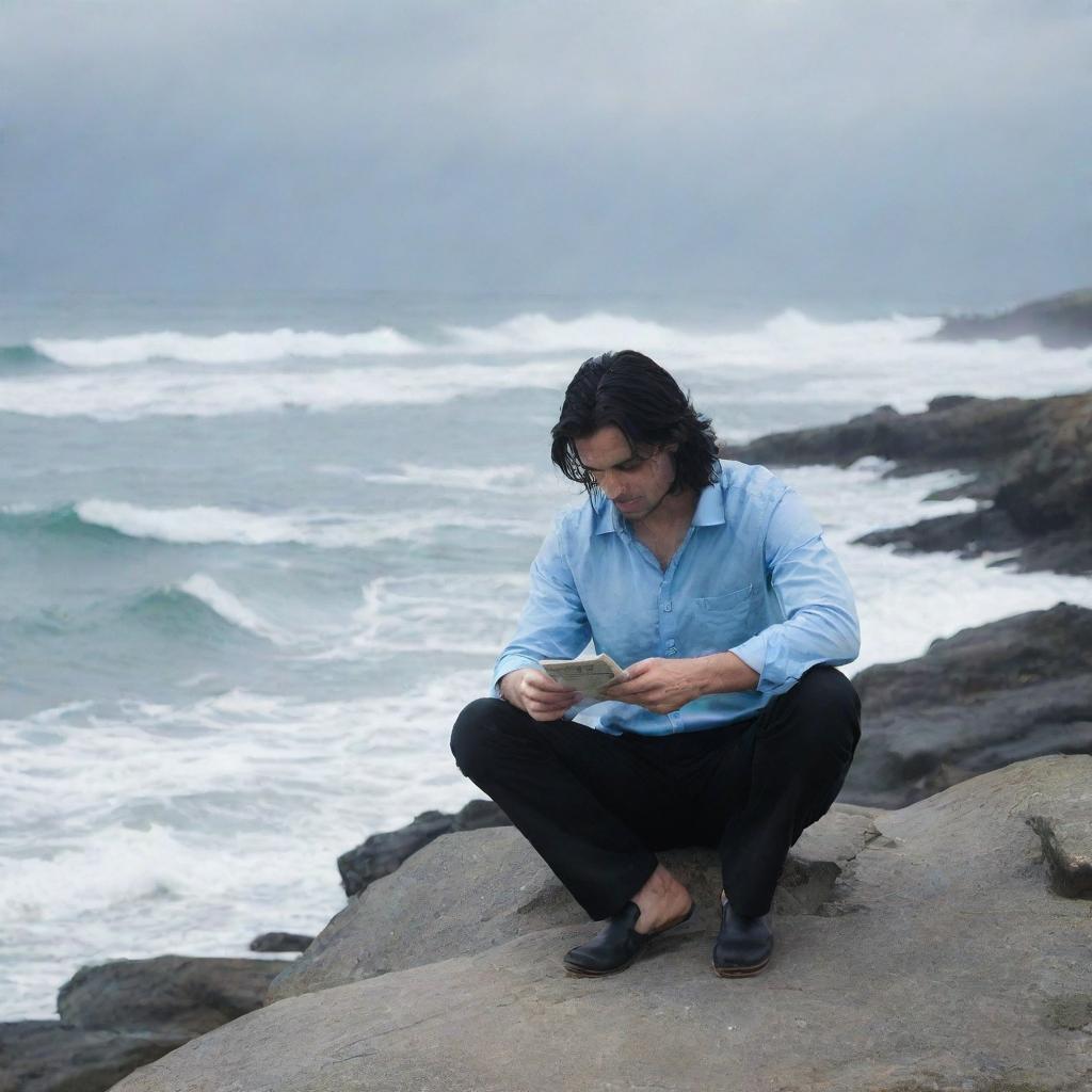 A melancholic man in his early 30s with long black hair styled backwards, wearing a plain sky blue shirt and casual black trousers, is sitting on a rock near the sea shore with waves breaking. He's reading a novel under a cloudy sky, with a camera angle from his left from behind.