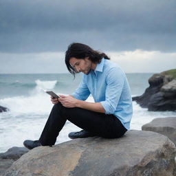 A melancholic man in his early 30s with long black hair styled backwards, wearing a plain sky blue shirt and casual black trousers, is sitting on a rock near the sea shore with waves breaking. He's reading a novel under a cloudy sky, with a camera angle from his left from behind.