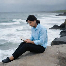 A melancholic man in his early 30s with long black hair styled backwards, wearing a plain sky blue shirt and casual black trousers, is sitting on a rock near the sea shore with waves breaking. He's reading a novel under a cloudy sky, with a camera angle from his left from behind.