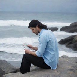 A melancholic man in his early 30s with long black hair styled backwards, wearing a plain sky blue shirt and casual black trousers, is sitting on a rock near the sea shore with waves breaking. He's reading a novel under a cloudy sky, with a camera angle from his left from behind.