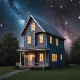 A cosmic house forged entirely from bright, twinkling stars against the backdrop of outer space.