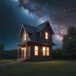 A cosmic house forged entirely from bright, twinkling stars against the backdrop of outer space.