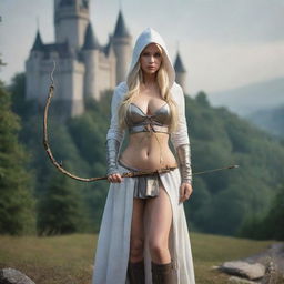 medieval hooded beatifull, bigb boobs, sexy full body, blonde elf girl, 23 years old, bow with arrows , in front with castle and forest background charmOfTheRealm, realistic hd, high detailed,