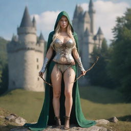 medieval hooded beatifull, bigb boobs, sexy full body, blonde elf girl, 23 years old, bow with arrows , in front with castle and forest background charmOfTheRealm, realistic hd, high detailed,