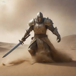 Amid a more ferocious sandstorm, a similar huge monster emerges from sandy hills, spreading its hand forward. Facing it, dramatically zoomed in, is a luminous knight brandishing his radiant sword and daring the creature not to cross.