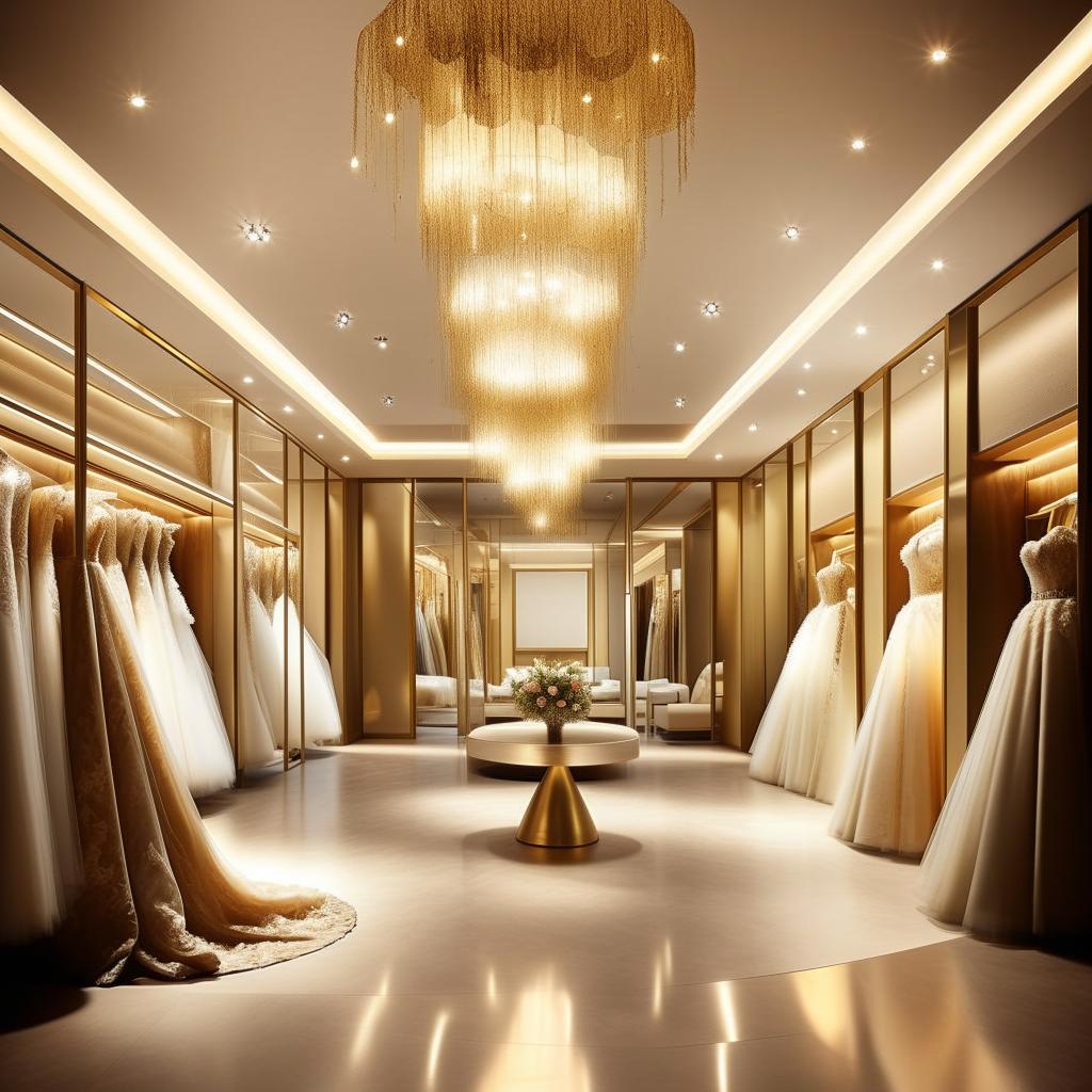 Design an upscale wedding dress service office, 3.77m width, 5.30m length, 2.80m height, featuring ceiling-mounted central lighting, golden-framed walls, and an elegant waiting area without any dresses displayed.