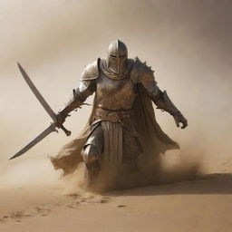 Amid a more ferocious sandstorm, a similar huge monster emerges from sandy hills, spreading its hand forward. Facing it, dramatically zoomed in, is a luminous knight brandishing his radiant sword and daring the creature not to cross.