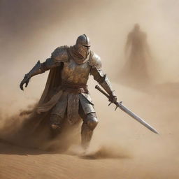 Amid a more ferocious sandstorm, a similar huge monster emerges from sandy hills, spreading its hand forward. Facing it, dramatically zoomed in, is a luminous knight brandishing his radiant sword and daring the creature not to cross.