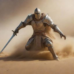 Amid a more ferocious sandstorm, a similar huge monster emerges from sandy hills, spreading its hand forward. Facing it, dramatically zoomed in, is a luminous knight brandishing his radiant sword and daring the creature not to cross.