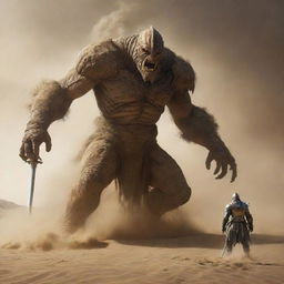 In an even more intense sandstorm, a similar massive monster emerges from sandy hills, stretching its hand forward. In opposition stands a gleaming knight, unsheathing his shining sword and daring the creature not to cross.