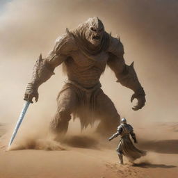 In an even more intense sandstorm, a similar massive monster emerges from sandy hills, stretching its hand forward. In opposition stands a gleaming knight, unsheathing his shining sword and daring the creature not to cross.