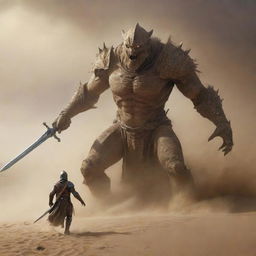 In an even more intense sandstorm, a similar massive monster emerges from sandy hills, stretching its hand forward. In opposition stands a gleaming knight, unsheathing his shining sword and daring the creature not to cross.