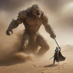 In an even more intense sandstorm, a similar massive monster emerges from sandy hills, stretching its hand forward. In opposition stands a gleaming knight, unsheathing his shining sword and daring the creature not to cross.