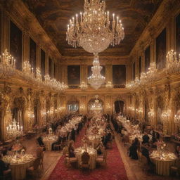 A majestic royal castle, elaborately decorated rooms with sumptuous feasts set, all meticulously arranged for a grand ball. Curious spectators gather outside in anticipation