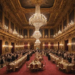 A majestic royal castle, elaborately decorated rooms with sumptuous feasts set, all meticulously arranged for a grand ball. Curious spectators gather outside in anticipation