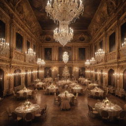 A majestic royal castle, elaborately decorated rooms with sumptuous feasts set, all meticulously arranged for a grand ball. Curious spectators gather outside in anticipation