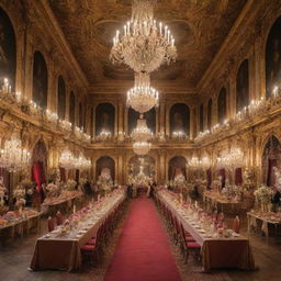 A majestic royal castle, elaborately decorated rooms with sumptuous feasts set, all meticulously arranged for a grand ball. Curious spectators gather outside in anticipation