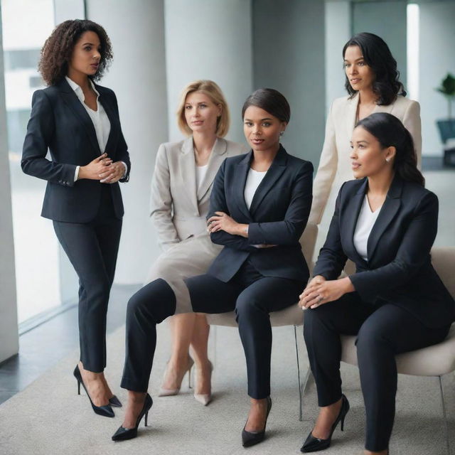 A group of confident and professional business women in stylish suits, engaged in a discussion in a modern corporate setting.