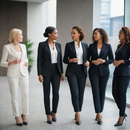 A group of confident and professional business women in stylish suits, engaged in a discussion in a modern corporate setting.